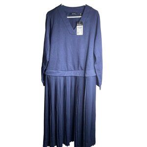 Ulla Popken Dress Womens 20 22 Navy Blue Pleated MIDI Length Long Sleeve New